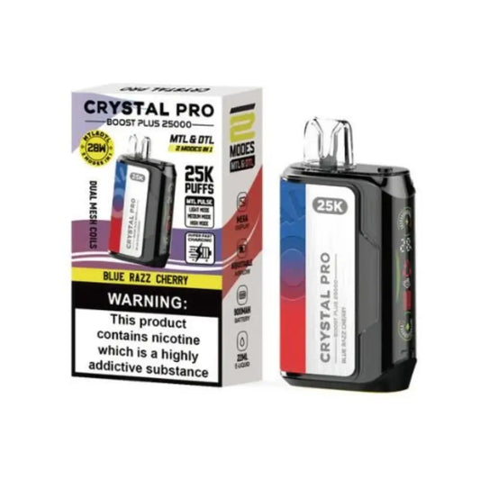 ( Pre Order ) Crystal Pro Boost Plus 25000 Disposable Vape Pod device Box of 5 Blue Razz Cherry